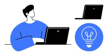 Yaratıcılığı, yeniliği ve çalışmayı sembolize eden parlak ampul ikonlu dizüstü bilgisayar kullanan kişi. Yenilik, teknoloji, beyin fırtınası, yaratıcılık, iş, üretkenlik için ideal basit iniş sayfası