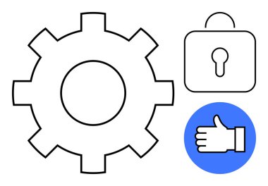 Dişlileri sembolize eder, güvenliği gösterir şekilde kilitler, mavi dairenin onayı için onay alır. Teknoloji, takım çalışması, güvenlik, onay, geliştirme, kullanıcı arayüzü basit iniş sayfası için ideal