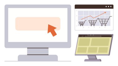 İmleci olan masaüstü ekranı, bir satış trendi içeren web analiz grafiği ve bir monitörde ürün ızgarası. Çevrimiçi alışveriş, pazarlama, satış büyümesi, analitik, UX tasarımı, iş teknolojisi için ideal