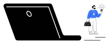 Elinde büyük bir dizüstü bilgisayarın yanında ampul tutan iş adamı, teknolojiyi, yeniliği, girişimciliği, beyin fırtınasını, üretkenliği, problem çözmeyi ve yaratıcı düşünmeyi temsil ediyor. Basit.