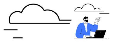 Dizüstü bilgisayar üzerinde çalışırken soyut bulutu işaret eden profesyonel bir işaret. Bulut hesaplama, iş, strateji, yenilik, dijital dönüşüm, teknoloji planlaması için ideal, basit düz metafor