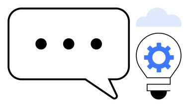 Sohbet baloncuğu konuşmayı işaret ediyor, yenilik ve yaratıcılık için donanımlı ampul, teknoloji ve depolama için bulut. İletişim, beyin fırtınası, problem çözme, takım çalışması için ideal.