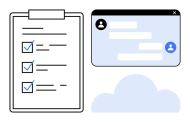 İşaretli öğelerin yer aldığı görev listesi panosu, iletişim için sohbet penceresi ve dijital araçlar öneren bir bulut simgesi. Üretkenlik, işbirliği, iş akışı, uzak çalışma, bulut depolama için ideal
