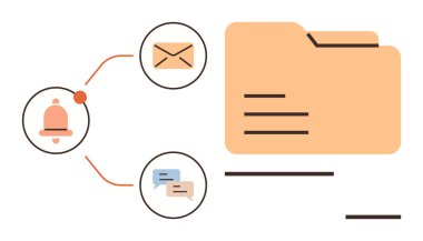 İletişim, bilgi yönetimi ve organizasyonu temsil eden bir dosya klasörüne bağlı uyarı zili, zarf ve konuşma baloncukları. Takım çalışması, üretkenlik, iş akışı, depolama için ideal