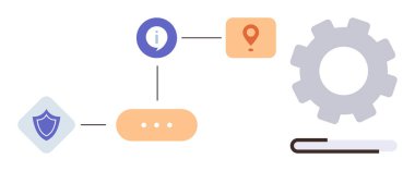 Geometrik şekiller ve simgeler, güvenlik, navigasyon ve işlevselliği temsil eden bir akış şeması yolu ile birbirine bağlıdır. Süreç, analitik, ağ, işlemler, otomasyon teknolojisi iş akışı için ideal