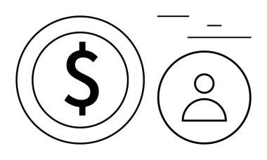 Çemberin içinde dolar işareti, asgari çizgileri olan bir kullanıcı profili simgesinin yanında. İş, finans, kullanıcı hesapları, yatırım, çevrimiçi ödemeler, ekonomik büyüme, basit iniş sayfası için ideal