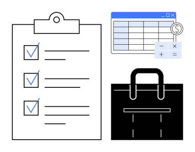 İşaretli ögelerin görev listesi, hesap makinesi, hesap tablosu, para birimi işareti ve evrak çantası. Üretkenlik, mali planlama, organizasyon, iş operasyonları, verimlilik çalışmaları için ideal