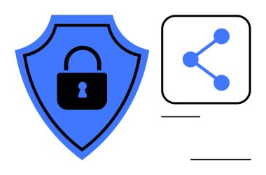 Veri paylaşımını sembolize eden bağlı düğümlerin yanında siyah kilidi olan mavi bir kalkan. Siber güvenlik, gizlilik, koruma, ağ güvenliği, teknoloji, güvenlik verileri için ideal