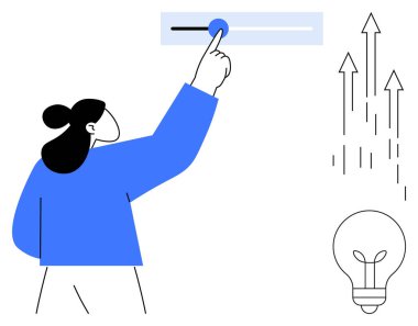 Hareket eden kadın kontrolü ya da ayarlamayı simgeliyor, büyümeyi ve ilerlemeyi gösteren oklar, fikirleri temsil eden ampul. Yaratıcılık, yenilik, büyüme, başarı, strateji ve kontrol için ideal