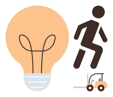Ampul, hareket halindeki bir insan ve forklift yaratıcılık, üretkenlik, takım çalışması ve verimlilik fikirlerini iletir. Yenilik için ideal, iş gücü lojistik endüstrisi ekip çalışması gelişimi. Basit.