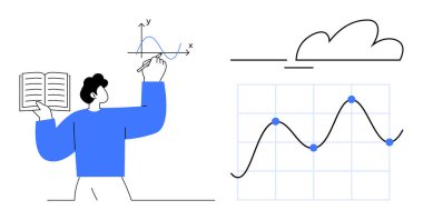 Adam açık bir kitap tutuyor ve veri ve eğilimleri analiz ederken matematiksel bir grafik çiziyor. Eğitim, istatistik, araştırma, veri analizi, matematik, öğrenme ve görsel iletişim için ideal. A