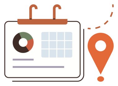 Bar tablosu, pasta grafiği ve konum işaretleyicisi ile takvim planlama, organizasyon, zaman yönetimi, seyahat, proje koordinasyon etkinlik yönetimini sembolize eder. İş stratejisi için ideal