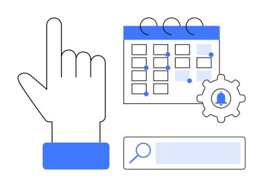 Olayların olduğu bir takvime, arama çubuğuna ve tebligatları temsil eden teçhizata el işaretleri. Planlama, planlama, organizasyon, hatırlatıcılar, verimlilik, kullanıcı arayüzü basit iniş sayfası için ideal