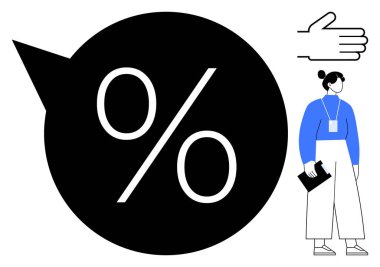 Konuşma balonunda büyük bir yüzde işareti, klasörlü ve el hareketini onaylayan bir iş kadını. Finans, pazarlama, indirim, satış, iletişim, takım çalışması değerlendirmesi için ideal. Basit düz metafor