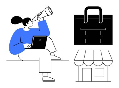 Dizüstü bilgisayarlı bir kadın teleskoptan bakıyor. Yakınlarda bir dükkan ve bir iş çantası var. Girişimcilik, e-ticaret, pazarlama, iş stratejisi, keşif ve planlama için ideal