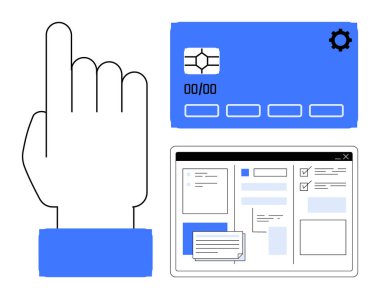 El hareketi dijital kartla etkileşir ve web arayüzü basit bir daire olarak çevrimiçi ödemeleri, kullanıcı arayüzünü, teknolojiyi, kişisel finansmanı, güvenliği, e-ticareti ve dijital erişimi vurgular