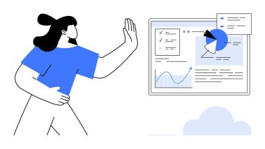 Sayısal gösterge paneline doğru hareket eden bir kadın grafikler, grafikler ve profil kavrayışları. Veri analizi, iş stratejisi, takım çalışması, kullanıcı arayüzü, eğitim, teknoloji sade iniş için ideal