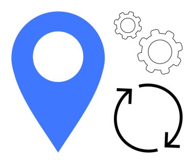 Mavi harita iğnesi, siyah dairesel oklar ve vitesler konum optimizasyonunu, iş akışı süreçlerini ve navigasyon sistemlerini vurgular. Lojistik, verimlilik, navigasyon, iş akışı düşünen sistemler için ideal