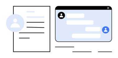 Bir belge düzeninin yanında sohbet baloncukları ve profilleri olan sohbet penceresi. İleti, işbirliği, iletişim, ağ oluşturma, takım çalışması, UI tasarımı, basit iniş sayfası için ideal
