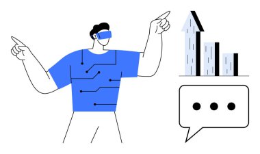 VR kulaklık takan adam veri noktaları, noktalı konuşma balonu ve yukarı doğru çubuk grafiği ile etkileşimde. Teknoloji, yenilik, eğitim, analitik, ilerleme, etkileşim için ideal basit iniş sayfası