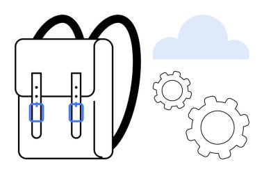 Sırt çantasında yüzen dişliler ve teknolojiyi, öğrenmeyi ve yeniliği vurgulayan bir bulut var. Eğitim, teknoloji, süreç, yaratıcılık, takım çalışması, üretkenlik için ideal basit iniş sayfası