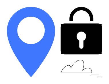 Mavi konum şifresi, siyah güvenli asma kilit ve küçük bulut veri güvenliği, yer belirleme gizliliği, bulut bilgisayarı, çevrimiçi güvenlik, dijital şifreleme, teknoloji ve güvenlik gibi konuları temsil eder.