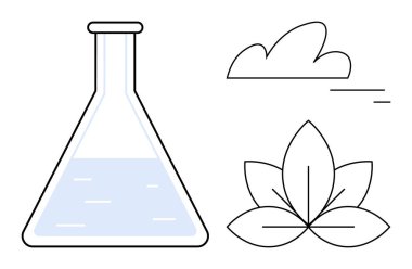 Sıvı, stilize yaprak ile laboratuvar şişesi ve bulut çevresel sürdürülebilirlik, bilim, kimya, araştırma, ekoloji, doğa bilimleri ve yenilik göstermektedir. Çevre projeleri için ideal