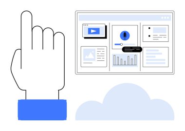 El işaretleyicisi, grafikler, multimedya ve bulut elementleriyle etkileşimli bir veri arayüzü seçiyor. Teknoloji, verimlilik, veri analizi, takım çalışması, iletişim, bağlantı için ideal