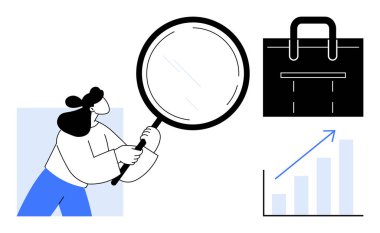 Elinde büyüteç tutan kadın, siyah iş çantası, yükselen bar çizelgesi. Analiz, büyüme, strateji, girişimcilik, veri araştırma yönetimi için ideal. Basit düz metafor