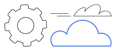 İkona ve hareket çizgileri olan bulutlar işbirliği, yenilik, optimizasyon ve bulut teknolojisini çağrıştırıyor. Dijital dönüşüm, ağ oluşturma, veri depolama, otomasyon için ideal