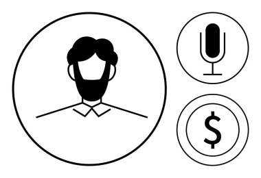 Dairesel hatlarda erkek avatarı, mikrofon, ayrı dairelerde dolar işareti. Podcast markalaşma, seslendirme hizmetleri, finans, iletişim, dijital medya, serbest iniş sayfası
