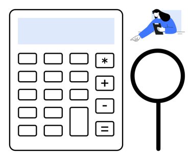 Düğmeli büyük hesap makinesi simgesi, analizi sembolize eden büyüteç, bilgiyi tabletle analiz eden kadın. Finans, muhasebe, denetim, eğitim, hesaplamalar, veri yönetimi için ideal