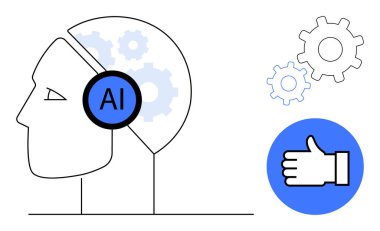 İnsan kafasının ana hatları yapay zeka etiketli, içerideki dişliler teknolojiyi gösteriyor, mavi başparmaklar yukarı simgesi, ve dişli semboller. Yapay zeka, yenilik, takım çalışması, ilerleme, gelişme için ideal