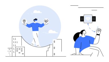 Şehirdeki yaratıcılığı ve ağı dengeleyen kişi giyilebilir bir fitness cihazıyla etkileşim halindedir. Teknoloji, sağlık, yenilik, denge, dijital dönüşüm, yaşam tarzı, akıllı