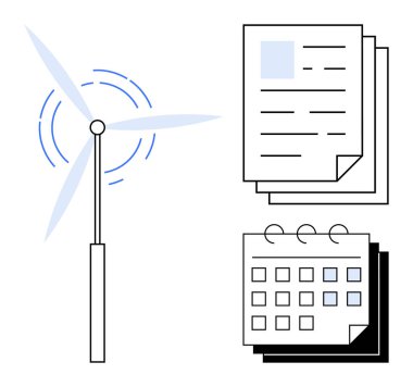 Yığılmış belge ve takvimin yanında rüzgâr türbini, sürdürülebilir enerji stratejisi, proje planlaması ve zaman yönetimini ön plana çıkarıyor. Yenilenebilir enerji, verimlilik, teslim tarihleri, programlar için ideal