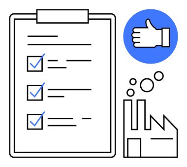 Mavi işaretli kontrol panosu, baloncuk yayan fabrika simgesi ve onay başparmağı onay simgesi. Kalite kontrol, üretim, üretim, standartlar, uyum, verimlilik için ideal basit