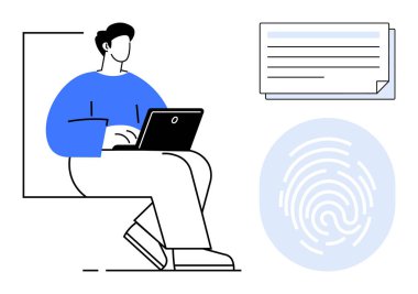 Parmak izi sembolü ve belge grafiğiyle birlikte bireysel oturma ve çalışma. Güvenlik, kimlik doğrulama, veri erişimi, teknoloji, gizlilik, kimlik doğrulama için ideal