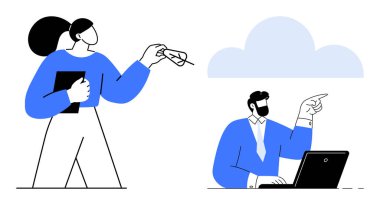 Elinde bir dosya tutan ve gözlüklü bir adam dizüstü bilgisayarı işaret eden mavi bulutlu bir kadın. Takım çalışması, iletişim, uzaktan çalışma, teknoloji, yenilik, basit beyin fırtınası için ideal