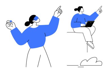 Sıradan bir kadın, dışa dönük bir hareketi işaret ediyor ve elinde dizüstü bilgisayarla modern soyut bir tarzda oturuyor. Teknoloji, yaratıcılık, eğitim, iletişim, liderlik, işbirliği için ideal