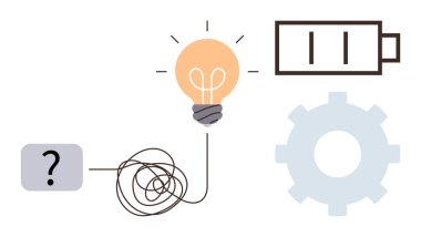 Ampul, teçhizat, pil ve soru işaretine dönüşüyor. Yenilikçilik, problem çözme, yaratıcılık, beyin fırtınası verimliliği iş akışı verimliliği için idealdir. Basit düz metafor