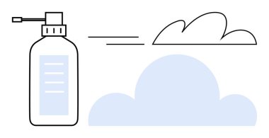 Sprey şişesi sis yayıyor, arka planda soyut bulutlar. Hijyen, temizlik, hava tazeleme, cilt bakımı, sağlık ve çevre için ideal. Basit düz metafor için minimalist tasarım