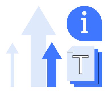 Yukarı doğru hareketi, bilgi sembolünü ve katmanlı metin belgelerini gösteren oklar. İlerleme, iş büyümesi, bilgi paylaşımı, eğitim, üretkenlik, strateji basit iniş sayfası