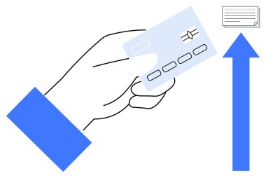 Yükselen ok ve belge ikonu eşliğinde el ele tutuşan kredi kartı. Finans, bankacılık, ödeme işlemleri, çevrimiçi işlemler, büyüme, modern teknoloji, basit düz metafor