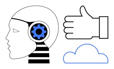 İnsan-başparmak yukarı yapay zeka teknolojiyi sembolize eden teçhizat, onay için el hareketi ve bulut simgesi. Yapay zeka, otomasyon, bulut depolama, yenilik, kullanıcı deneyimi, veri indirme sayfası için ideal