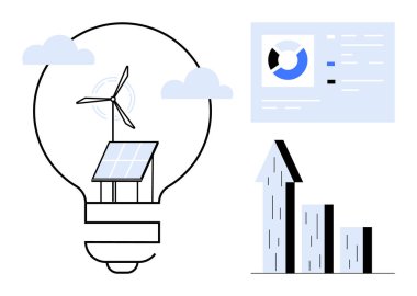 Güneş paneli, rüzgar türbini, bar çizelgesi, analitik gösterge paneli ve bulutlu bir ampul. Yenilenebilir enerji, sürdürülebilirlik, ekolojik yenilik, veri analizi, temiz enerji yeşil büyümesi için ideal basit