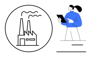 Fabrika simgesinin yanında duman çıkaran bacalı tablet kullanan bir işçi. Endüstri, otomasyon, dijitalleşme, sürdürülebilirlik, yenilik, yönetim için ideal, basit iniş sayfası