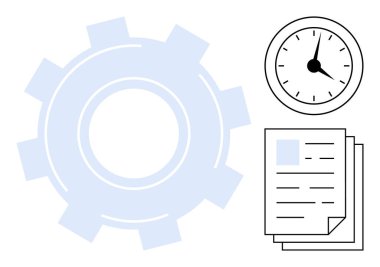 Mavi dişli, analog saat ve verimliliği, iş akışını, organizasyonu, proje yönetimini, planlama ve verimliliği temsil eden bir yığın kağıt. Takım çalışması ya da basit düz metafor için ideal
