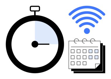 Kronometre, mavi kablosuz sinyal ve takvim zaman yönetimi, dijital bağlantı ve planlamayı sembolize eder. Üretkenlik, uzak çalışma, zamanlama, verimlilik dijital araçları için ideal süre