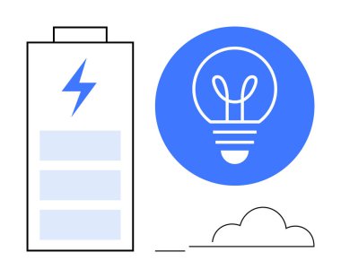 Yıldırımlı pil ve parlayan ampul enerji, yenilik ve güç kavramlarını sembolize ediyor. Teknoloji için ideal, yenilenebilir enerji, verimlilik, sürdürülebilirlik, yaratıcılık, çevre dostu tasarımlar