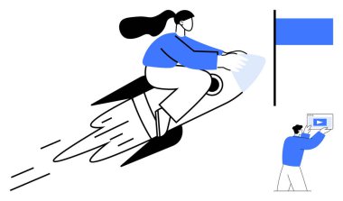 Kadın roketle bayrağa nişan alırken, adam video ekranı tutuyor. Başarı, hedefler, yenilik, motivasyon, takım çalışması, büyüme ve teknoloji için idealdir. Basit iniş sayfası